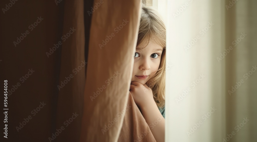 Shy little girl peeking through a curtain. Generative AI Shy little girl peeking through a curtain. Generative AI