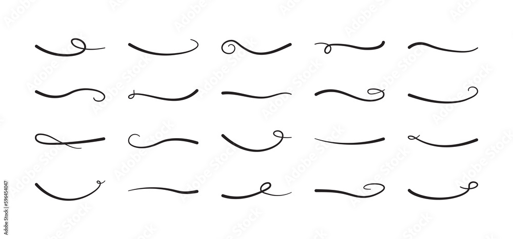 Swoosh line vector, underline swish, stroke swash swirl, curly hand drawn text calligraphic brush tail, black fireworks icon set isolated on white background. Doodle decorative illustration