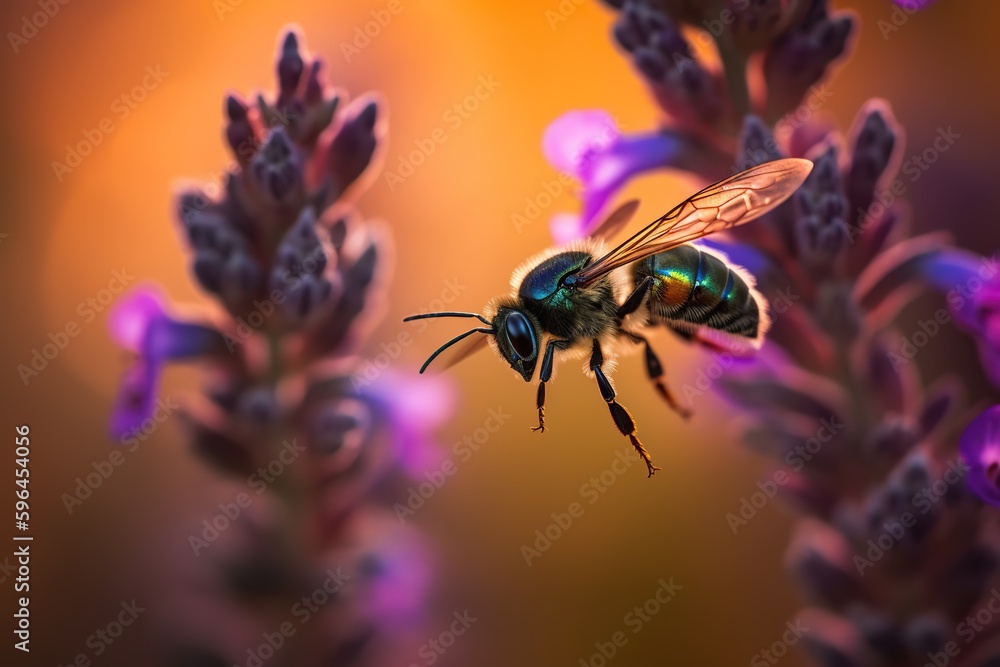 Close up of a Bee Flying to a Pink Flower, Macro Photography. Generative AI Close up of a Bee Flying to a Pink Flower, Macro Photography. Generative AI