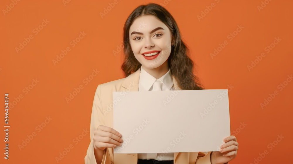 Frau zeigt Tafel Mockup Freude Verkäuferin Werbung Illustration (Generative AI) Digital Art Background Cover Hintergrund Frau zeigt Tafel Mockup Freude Verkäuferin Werbung Illustration (Generative AI) Digital Art Background Cover Hintergrund