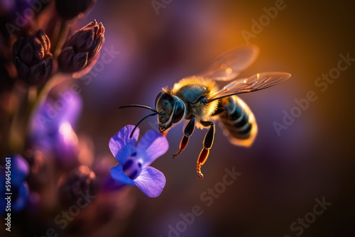 Close up of a Bee Flying to a Pink Flower, Macro Photography. Generative AI