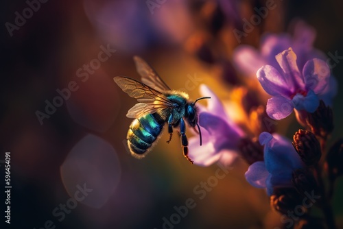 Close up of a Bee Flying to a Pink Flower  Macro Photography. Generative AI