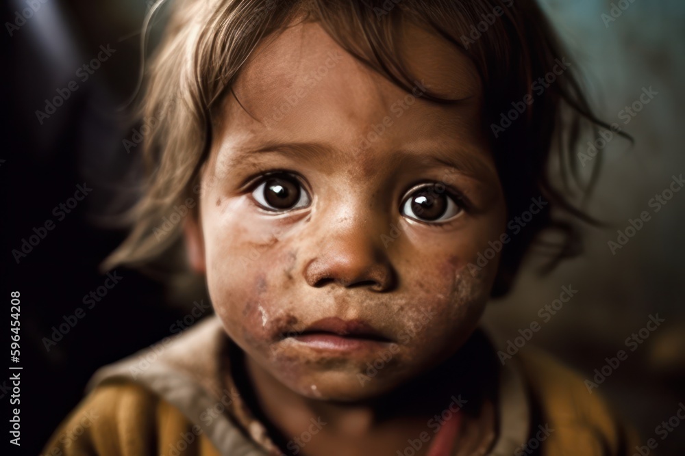 Hungry, starving, poor little child looking at the camera. Generative AI Hungry, starving, poor little child looking at the camera. Generative AI