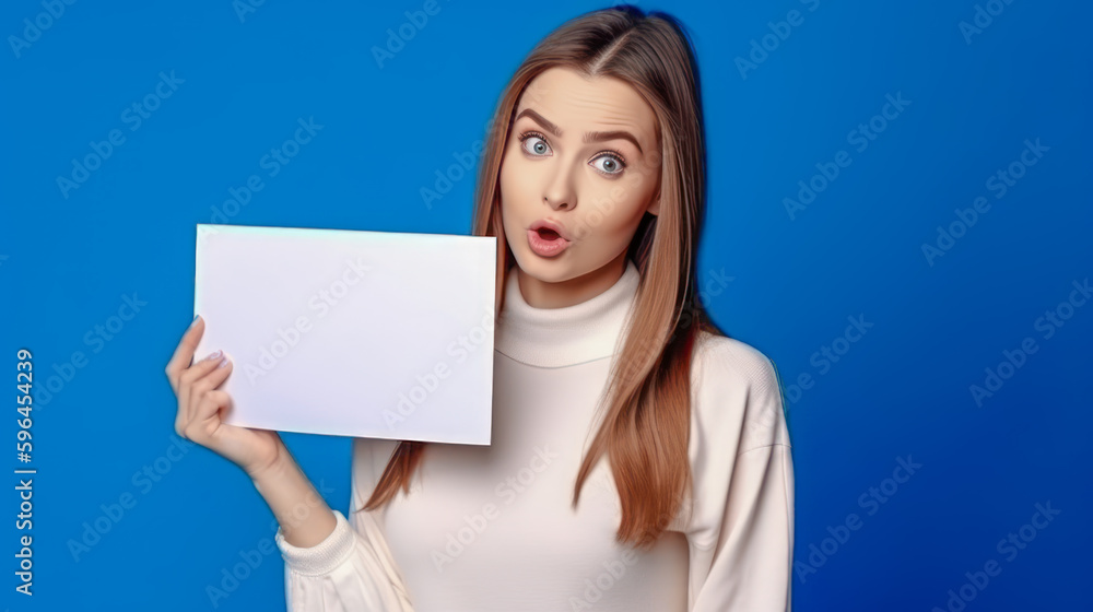 Frau zeigt Tafel Mockup Freude Verkäuferin Werbung Illustration (Generative AI) Digital Art Background Cover Hintergrund Frau zeigt Tafel Mockup Freude Verkäuferin Werbung Illustration (Generative AI) Digital Art Background Cover Hintergrund