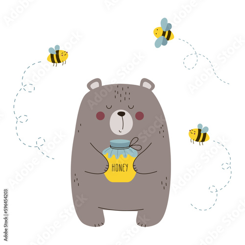 Bear with a jar of honey and bees vector illustration. Design for children's clothing, stationery.