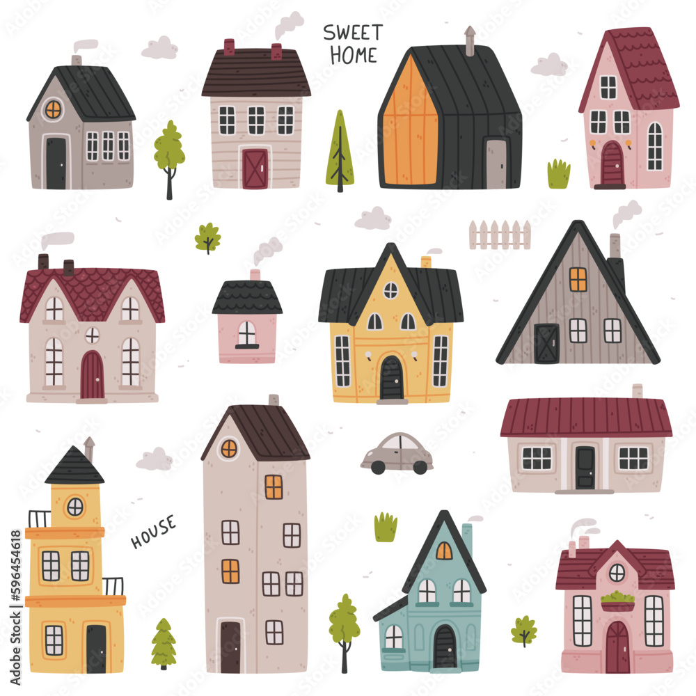 Tiny Houses with Roof and Steaming Chimney as Cozy and Sweet Home Vector Set