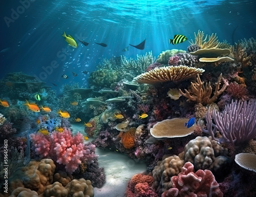 Great Barrier Reef, underwater illustration, saline, coral reef, nature, background, ocean. Generative AI. © Art for Insomniacs