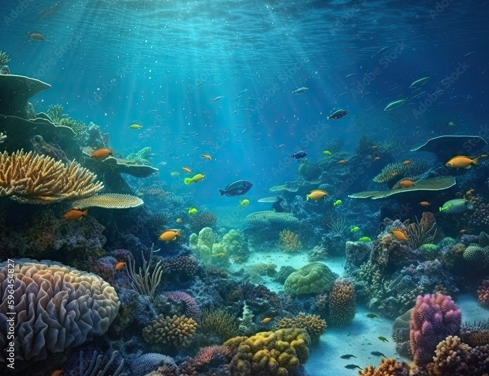 Fototapeta premium Great Barrier Reef, underwater illustration, saline, coral reef, nature, background, ocean. Generative AI.