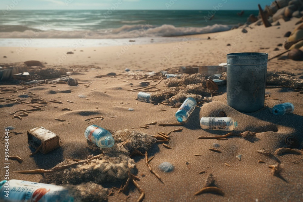 Illustration of litter strewn across the beach sand. Generative AI Illustration of litter strewn across the beach sand. Generative AI