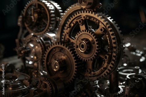 Conceptual mechanical gears in motion. Three-dimensional render. Generative AI