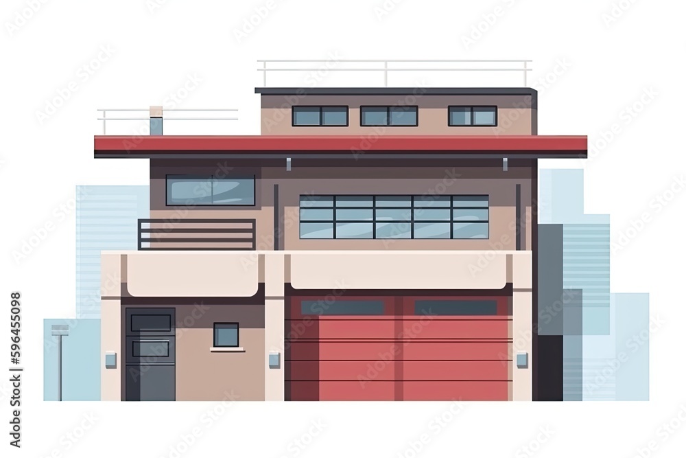 Two-Story Building with a Vibrant Red Roof and White Walls. Generative AI Two-Story Building with a Vibrant Red Roof and White Walls. Generative AI