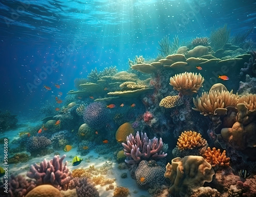 Great Barrier Reef, underwater illustration, saline, coral reef, nature, background, ocean. Generative AI. © Art for Insomniacs