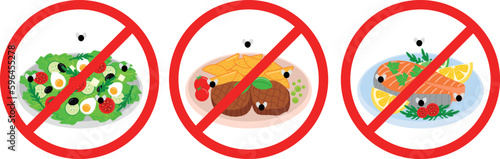 Spoiled food: Greek salad, trout and potatoes with steaks, vector illustration