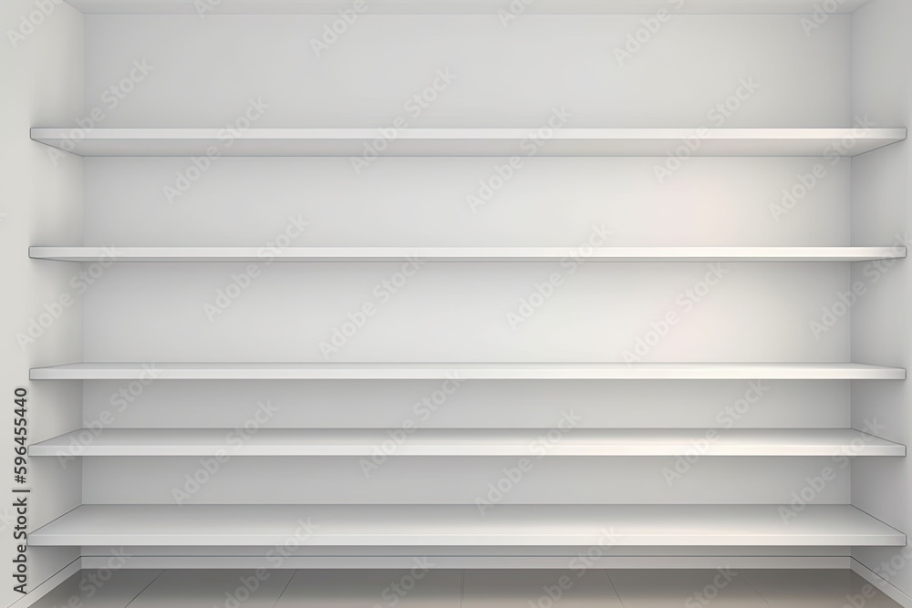 Fototapeta premium empty white shelves in a minimalist white room. Generative AI