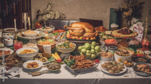 Generative Ai image of a table full of Thanksgiving day food,