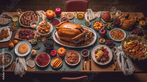 Generative Ai image of a table full of Thanksgiving day food,