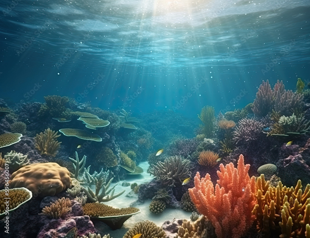 Fototapeta premium Great Barrier Reef, underwater illustration, saline, coral reef, nature, background, ocean. Generative AI.