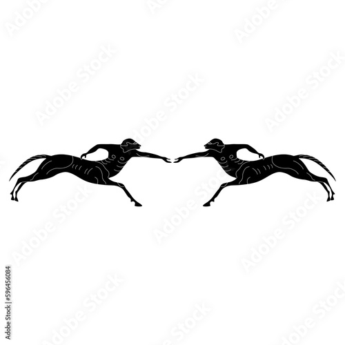 Symmetrical design with two running ancient Greek centaurs. Half men half horses. Vase painting style. Black and white silhouette.
