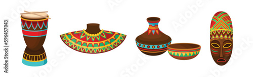 Authentic Symbols of Africa with Ornamental Drum, Necklace, Vase and Mask Vector Set