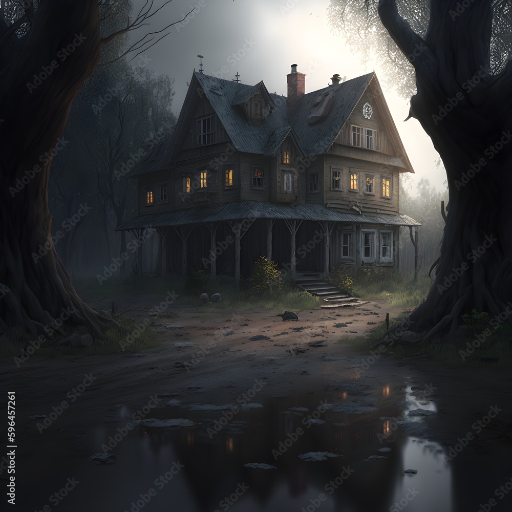 Gloomy Abandoned Village In The Forest Old Houses Well Old Oak Low