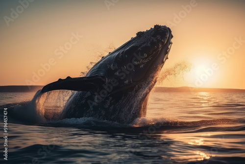 Witness the awe-inspiring sight of a humpback whale leaping out of the water, displaying its natural behavior and grace. Is AI Generative. © sorapop