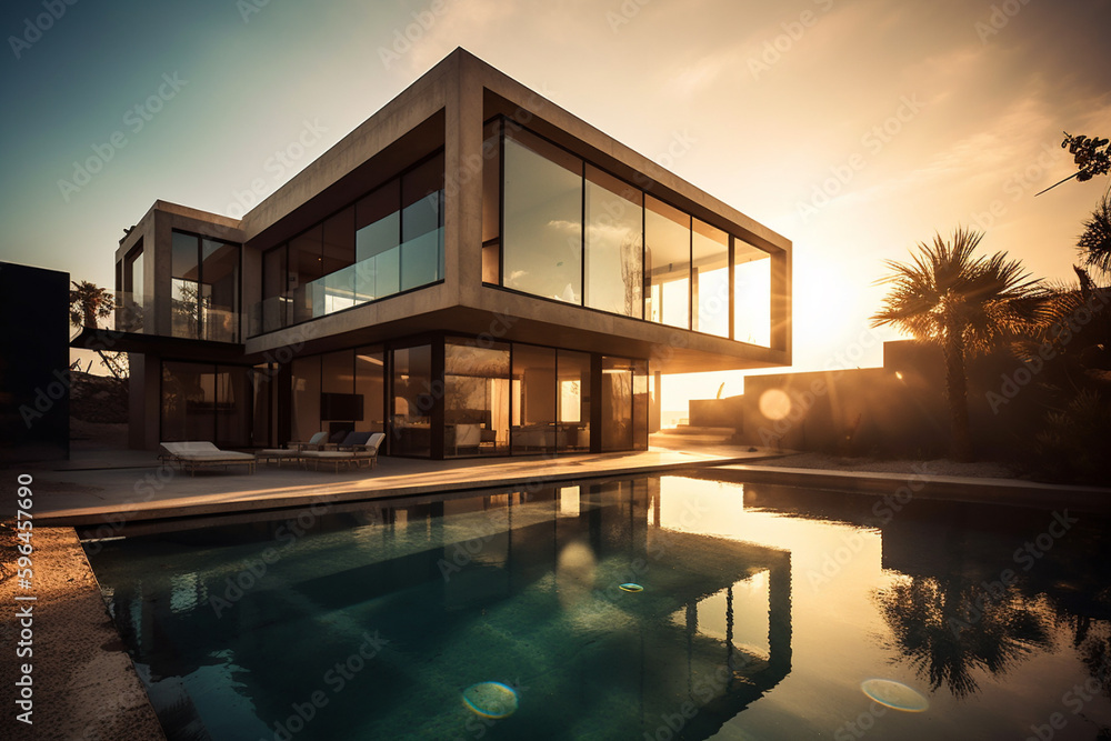 Fototapeta premium House or super villa with swimming pool. Very expensive and exclusive real estate summer home with beautiful architecture. Ai generated