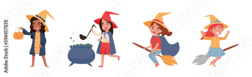 Cute Little Girl Witches in Pointed Hat with Broom Vector Set