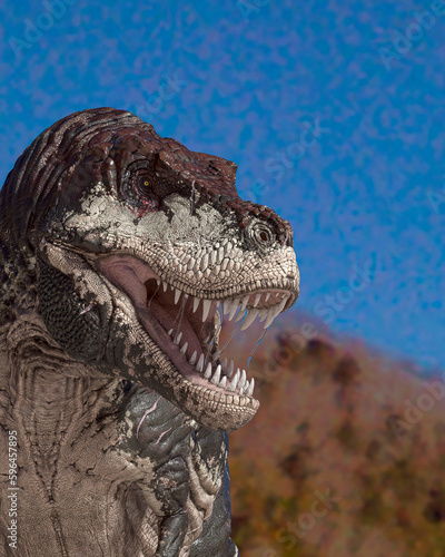 close up on the tyrannosaurus rex in the winter is coming