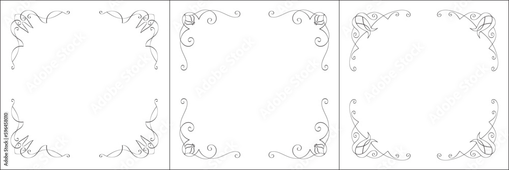 Set of three vector frames. Elegant black and white monochrome ornamental border for greeting cards, banners, invitations. Vector frame for all sizes and formats. Isolated vector illustration. Set of three vector frames. Elegant black and white monochrome ornamental border for greeting cards, banners, invitations. Vector frame for all sizes and formats. Isolated vector illustration.