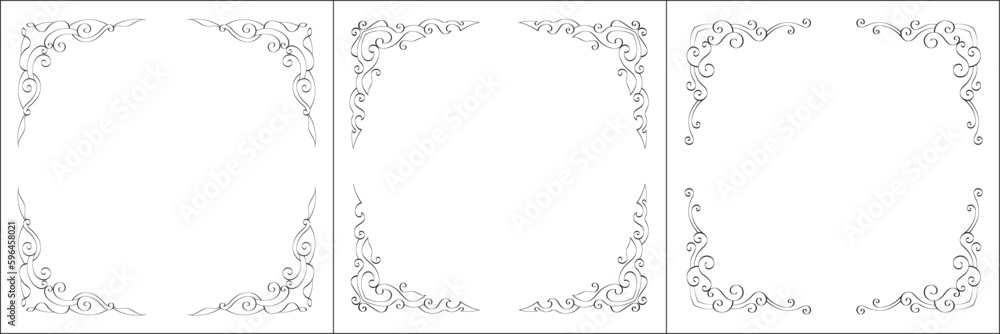 Set of three vector frames. Elegant black and white monochrome ornamental border for greeting cards, banners, invitations. Vector frame for all sizes and formats. Isolated vector illustration. Set of three vector frames. Elegant black and white monochrome ornamental border for greeting cards, banners, invitations. Vector frame for all sizes and formats. Isolated vector illustration.