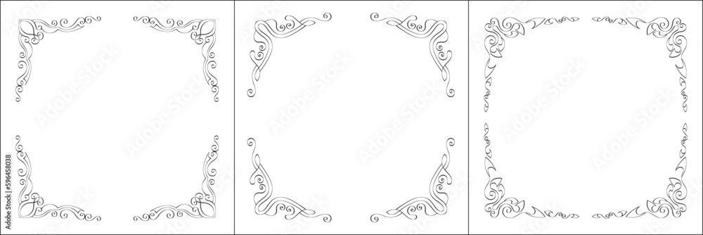Set of three vector frames. Elegant black and white monochrome ornamental border for greeting cards, banners, invitations. Vector frame for all sizes and formats. Isolated vector illustration. Set of three vector frames. Elegant black and white monochrome ornamental border for greeting cards, banners, invitations. Vector frame for all sizes and formats. Isolated vector illustration.