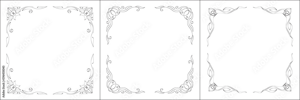 Set of three vector frames. Elegant black and white monochrome ornamental border for greeting cards, banners, invitations. Vector frame for all sizes and formats. Isolated vector illustration. Set of three vector frames. Elegant black and white monochrome ornamental border for greeting cards, banners, invitations. Vector frame for all sizes and formats. Isolated vector illustration.