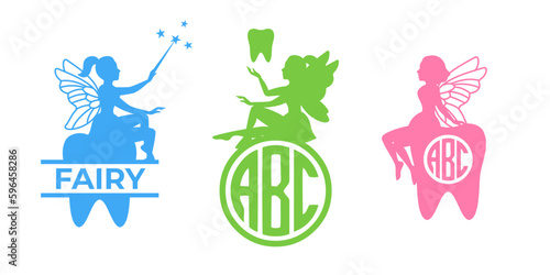 Set of tooth fairies with tooth monogram. Dental monogram. Funny tooth fairies in different poses. Mythical fairy tale characters in cute dresses.