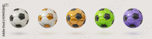 Colorful soccer balls collection. White, golden, green and purple glossy football balls isolated design elements on white background. Vector 3d design elements.