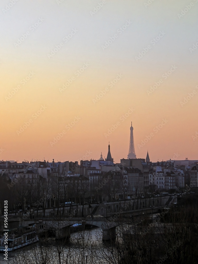 Panorama of Paris in the dusk with famous landmarks