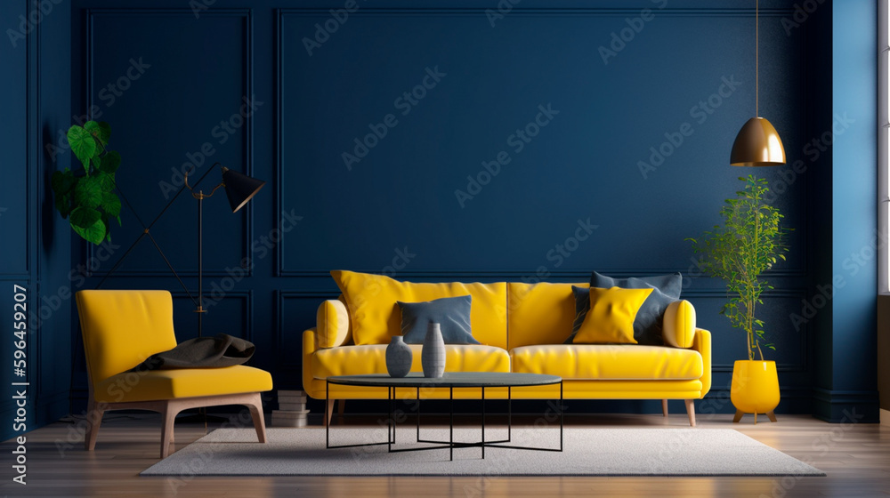 A huge living room's accent lounge. blue and yellow hues. Dark blue wall that is empty and a ...