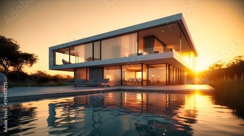 A modern house villa at sunset with pool which coverd by the glass © Rabbi