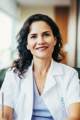 Hispanic female doctor  40s  in clinic waiting room  beaming smile  exuding compassion in her white coat  displays care and empathy  heartwarming portrait. Generative AI