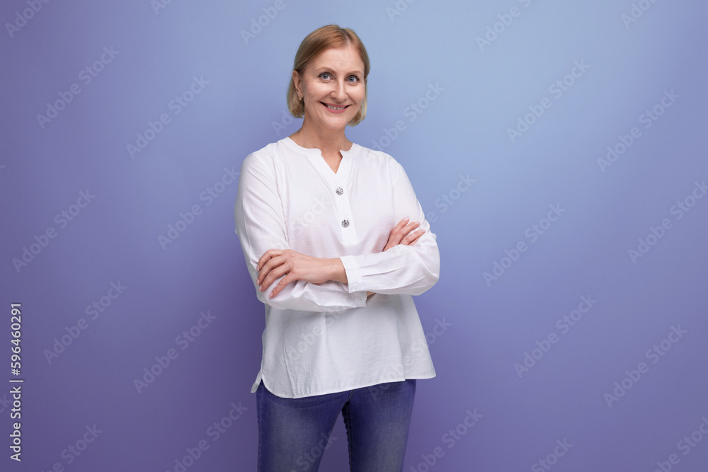 healthy slim blond mature woman in menopause age in studio background healthy slim blond mature woman in menopause age in studio background