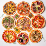 knolling of different exquisite types of pizza , Generative AI