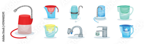 Water Filters with Pitcher and Cartridge for Cleansing Liquids Vector Set
