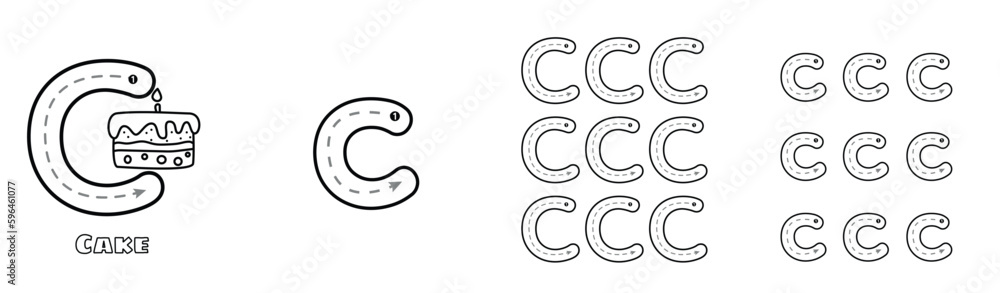 Letter C trace uppercase and lowercase ABC alphabet worksheet for kids English vocabulary. Handwriting tracing practice vector illustration