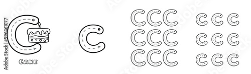 Letter C trace uppercase and lowercase ABC alphabet worksheet for kids English vocabulary. Handwriting tracing practice vector illustration