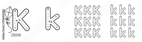 Letter K trace uppercase and lowercase ABC alphabet worksheet for kids English vocabulary. Handwriting tracing practice vector illustration