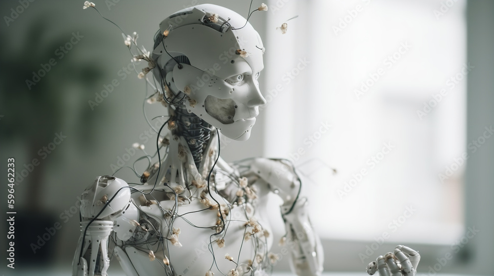 Porcelain and hammered matt silver android marionette showing cracked inner working, tiny white flowers growing from within, led lights within all white sterile minimal empty room