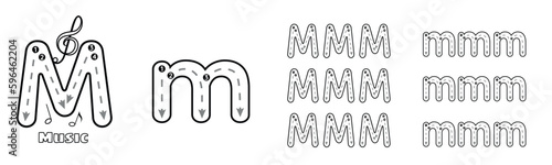 Letter M trace uppercase and lowercase ABC alphabet worksheet for kids English vocabulary. Handwriting tracing practice vector illustration