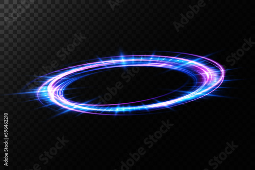 Magic fantasy portal. Round light frame, Futuristic teleport. light effect. Blue, purple, neon lights illuminate the night scene with sparks on a transparent background. Light effect of an empty podiu