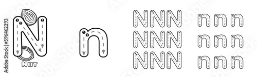 Letter N trace uppercase and lowercase ABC alphabet worksheet for kids English vocabulary. Handwriting tracing practice vector illustration