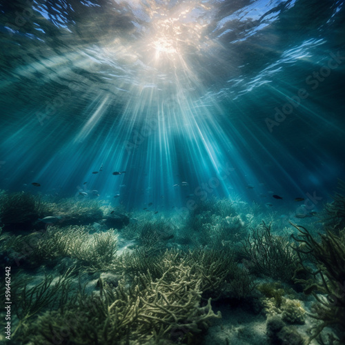 underwater scene with rays of light, created with generative AI technology