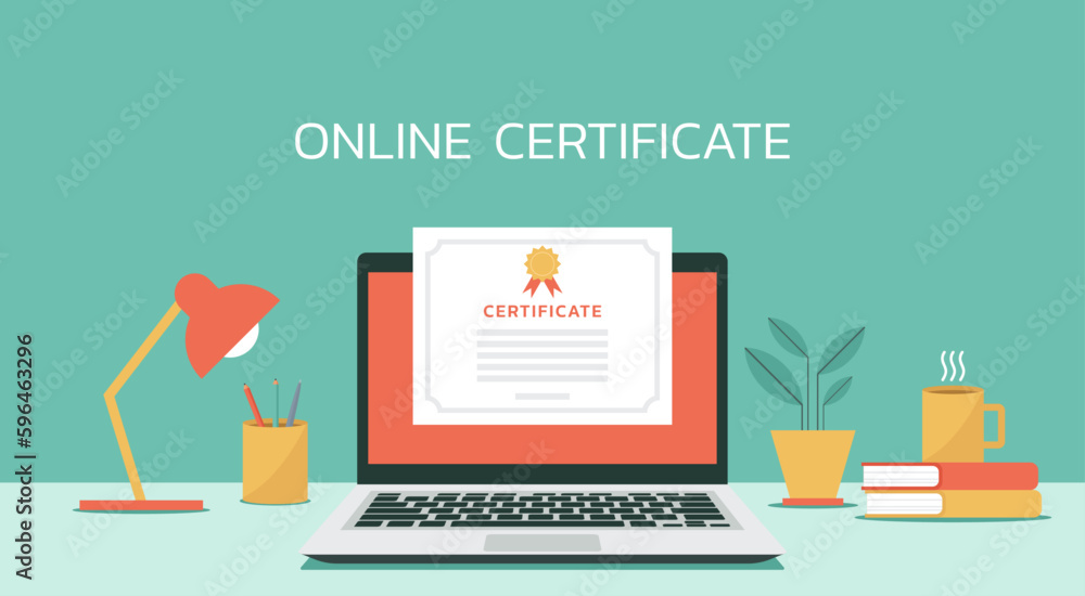 Certificate on laptop screen for for e-learning course, webinar and online education concept on top of office desk, vector flat illustration - obrazy, fototapety, plakaty 